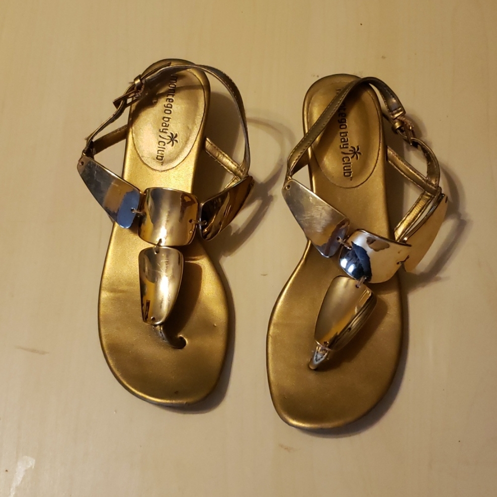 Montego Bay Club Gold Metallic T-Strap Wedge Sandals